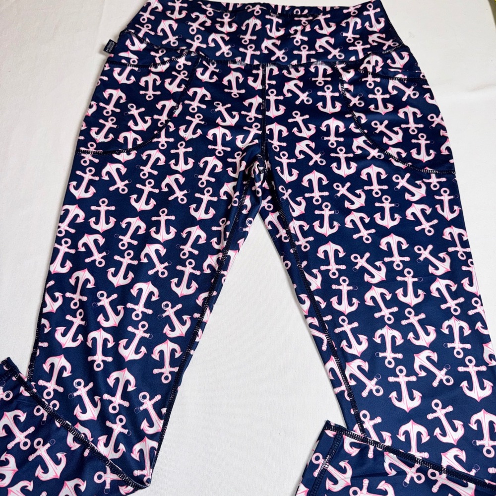 Simply Southern Womens Navy Pink Anchor Nautical Print Leggings Pockets Medium